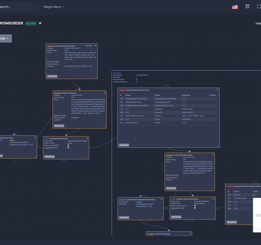 Integration engine canvas showing the Amazon SP-API order flow: get access token, get orders, map order to OMS order, get order items, create OMS order